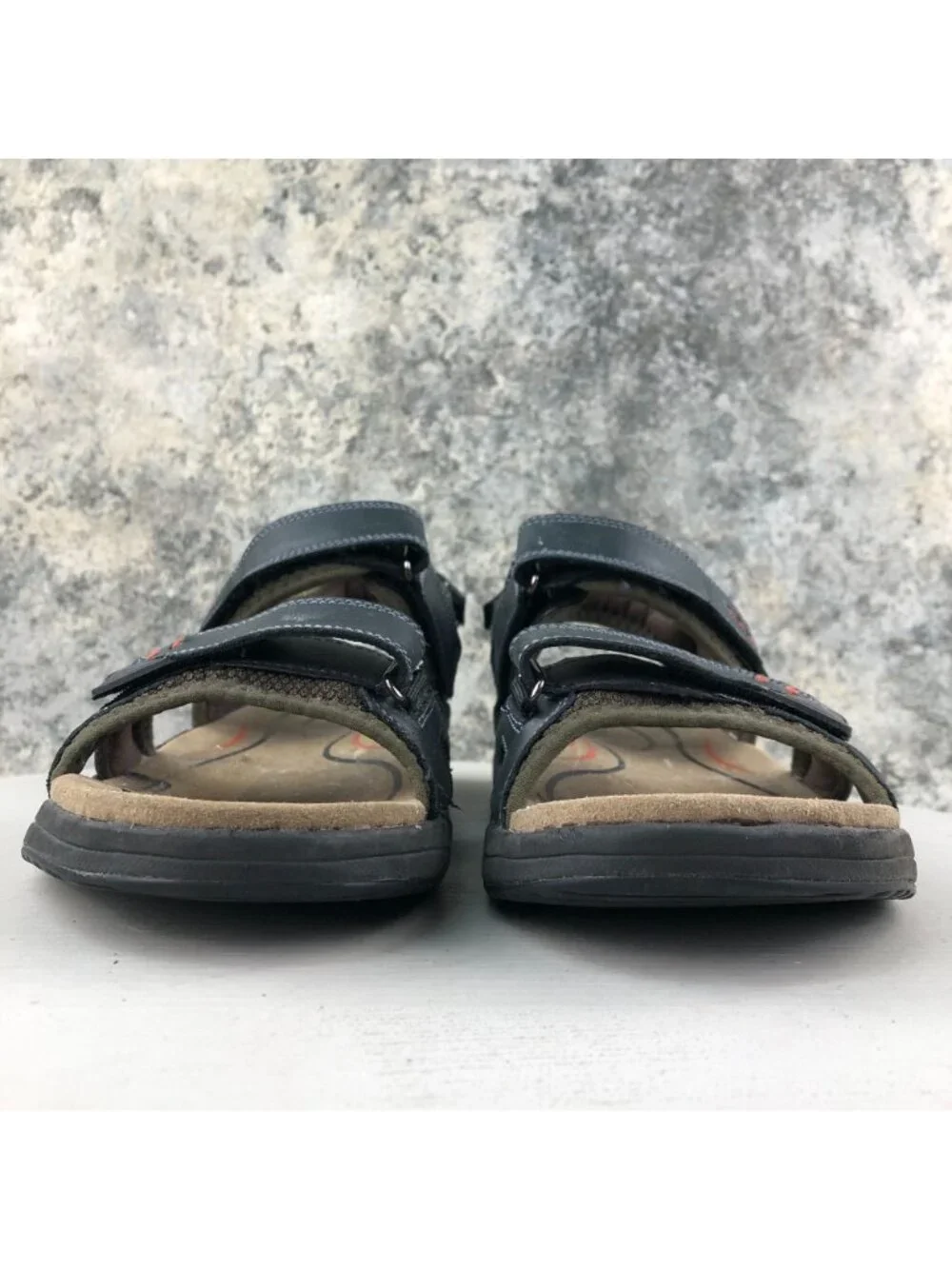OrthoFeet Men's Size 10D Cambria Black Leather Open Toe Hook & Loop 561 Sandals